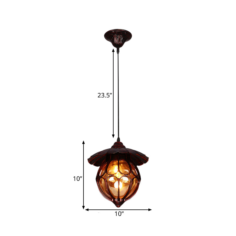 Farmhouse Globe Pendant Light 1 Light Amber Glass Suspension Lamp in Copper with Scalloped Deco Clearhalo 'Ceiling Lights' 'Close To Ceiling Lights' 'Glass shade' 'Glass' 'Pendant Lights' 'Pendants' Lighting' 262340