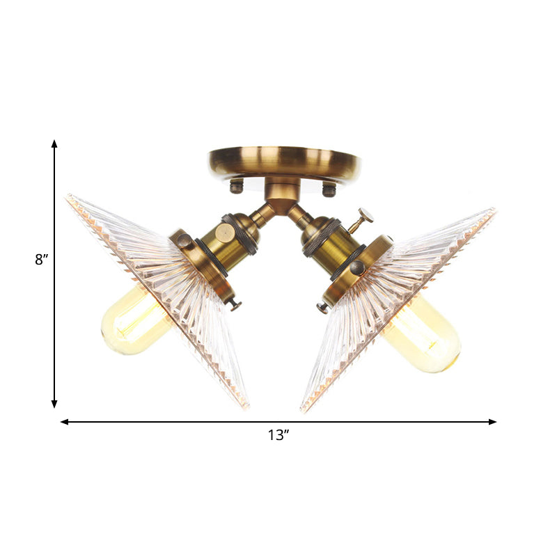 Industrial Flared Shade Ceiling Mounted Light Clear Ribbed Glass 2 Heads Restaurant Semi Mount Light in Black/Brass Clearhalo 'Ceiling Lights' 'Close To Ceiling Lights' 'Close to ceiling' 'Semi-flushmount' Lighting' 262354