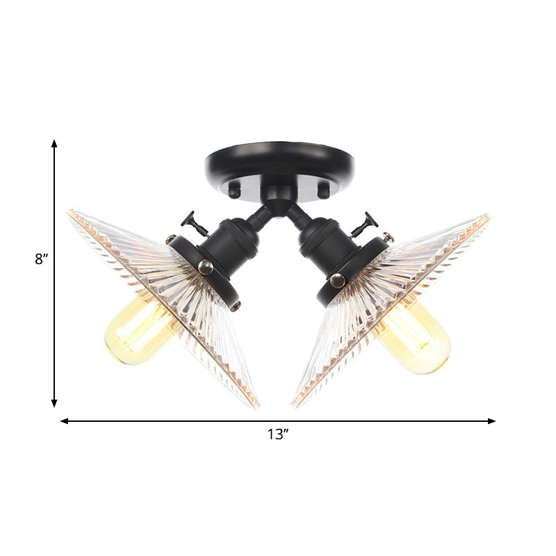 Industrial Flared Shade Ceiling Mounted Light Clear Ribbed Glass 2 Heads Restaurant Semi Mount Light in Black/Brass Clearhalo 'Ceiling Lights' 'Close To Ceiling Lights' 'Close to ceiling' 'Semi-flushmount' Lighting' 262355