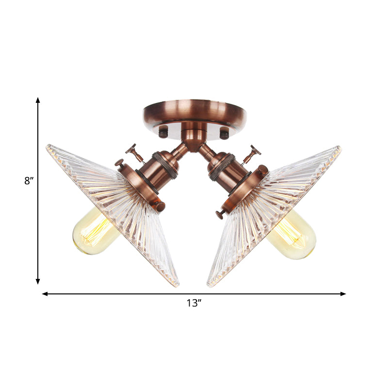 Industrial Flared Shade Ceiling Mounted Light Clear Ribbed Glass 2 Heads Restaurant Semi Mount Light in Black/Brass Clearhalo 'Ceiling Lights' 'Close To Ceiling Lights' 'Close to ceiling' 'Semi-flushmount' Lighting' 262357