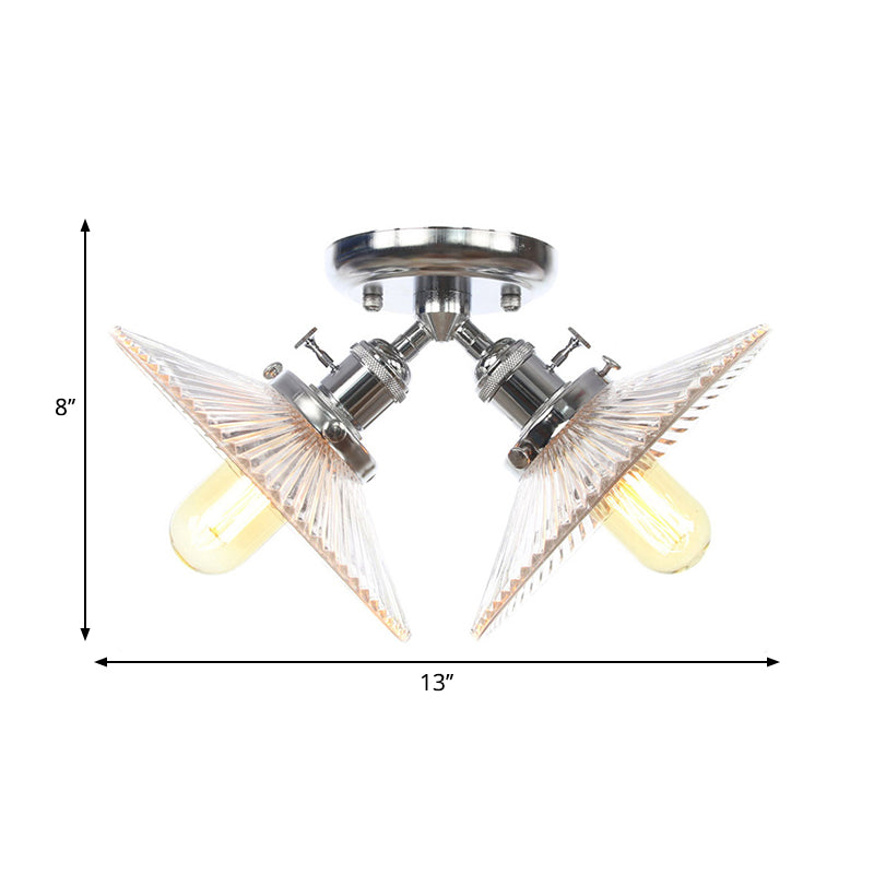 Industrial Flared Shade Ceiling Mounted Light Clear Ribbed Glass 2 Heads Restaurant Semi Mount Light in Black/Brass Clearhalo 'Ceiling Lights' 'Close To Ceiling Lights' 'Close to ceiling' 'Semi-flushmount' Lighting' 262358