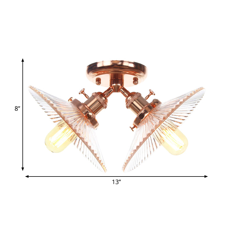 Industrial Flared Shade Ceiling Mounted Light Clear Ribbed Glass 2 Heads Restaurant Semi Mount Light in Black/Brass Clearhalo 'Ceiling Lights' 'Close To Ceiling Lights' 'Close to ceiling' 'Semi-flushmount' Lighting' 262359