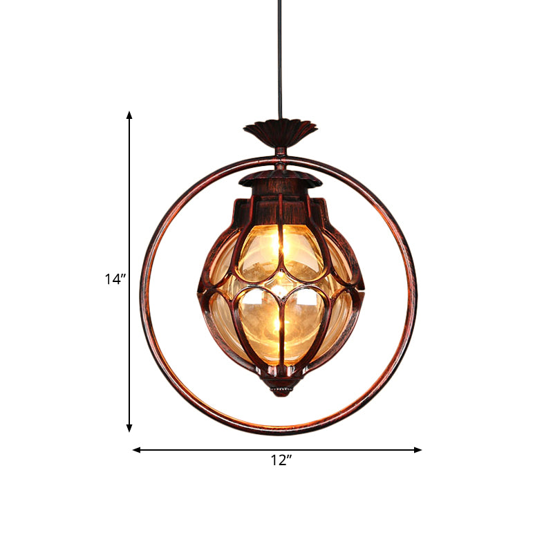 1 Light Suspension Lamp Rustic Globe Amber Glass Hanging Pendant Light in Copper with Iron Ring Clearhalo 'Ceiling Lights' 'Close To Ceiling Lights' 'Glass shade' 'Glass' 'Pendant Lights' 'Pendants' Lighting' 262362
