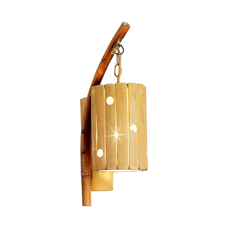 Wood Cylinder/House/Teapot Wall Lamp Tradition Bamboo 1 Bulb Sconce Light Fixture with Curved/Halfcylinder Arm Clearhalo 'Modern wall lights' 'Modern' 'Wall Lamps & Sconces' 'Wall Lights' Lighting' 262374