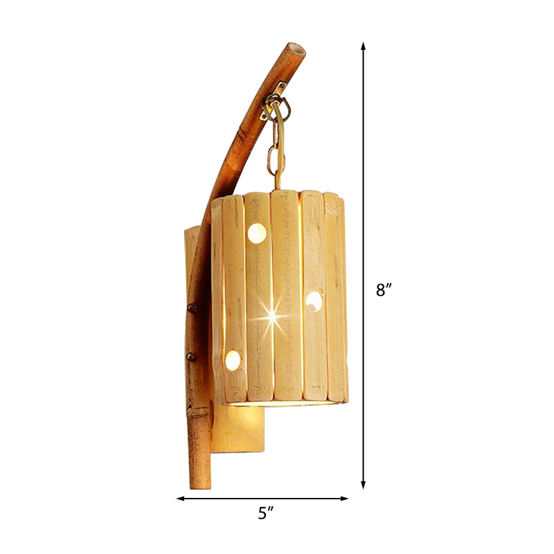 Wood Cylinder/House/Teapot Wall Lamp Tradition Bamboo 1 Bulb Sconce Light Fixture with Curved/Halfcylinder Arm Clearhalo 'Modern wall lights' 'Modern' 'Wall Lamps & Sconces' 'Wall Lights' Lighting' 262375