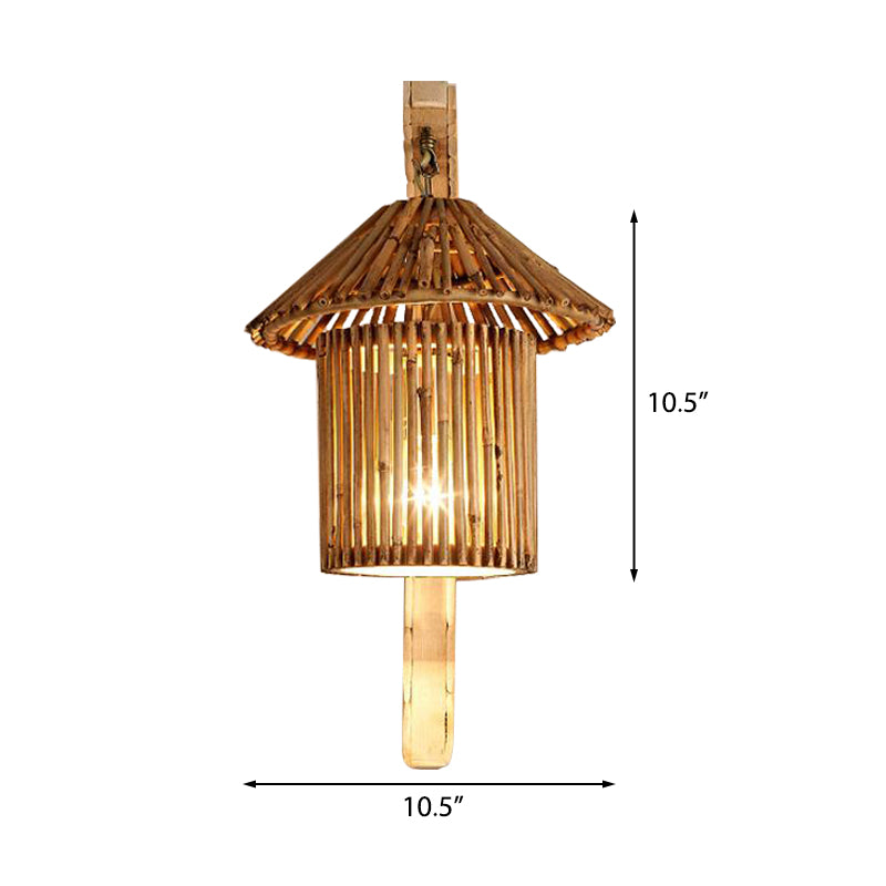 Wood Cylinder/House/Teapot Wall Lamp Tradition Bamboo 1 Bulb Sconce Light Fixture with Curved/Halfcylinder Arm Clearhalo 'Modern wall lights' 'Modern' 'Wall Lamps & Sconces' 'Wall Lights' Lighting' 262379