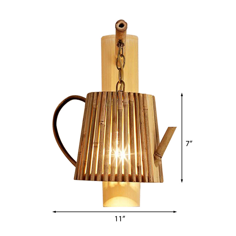 Wood Cylinder/House/Teapot Wall Lamp Tradition Bamboo 1 Bulb Sconce Light Fixture with Curved/Halfcylinder Arm Clearhalo 'Modern wall lights' 'Modern' 'Wall Lamps & Sconces' 'Wall Lights' Lighting' 262383