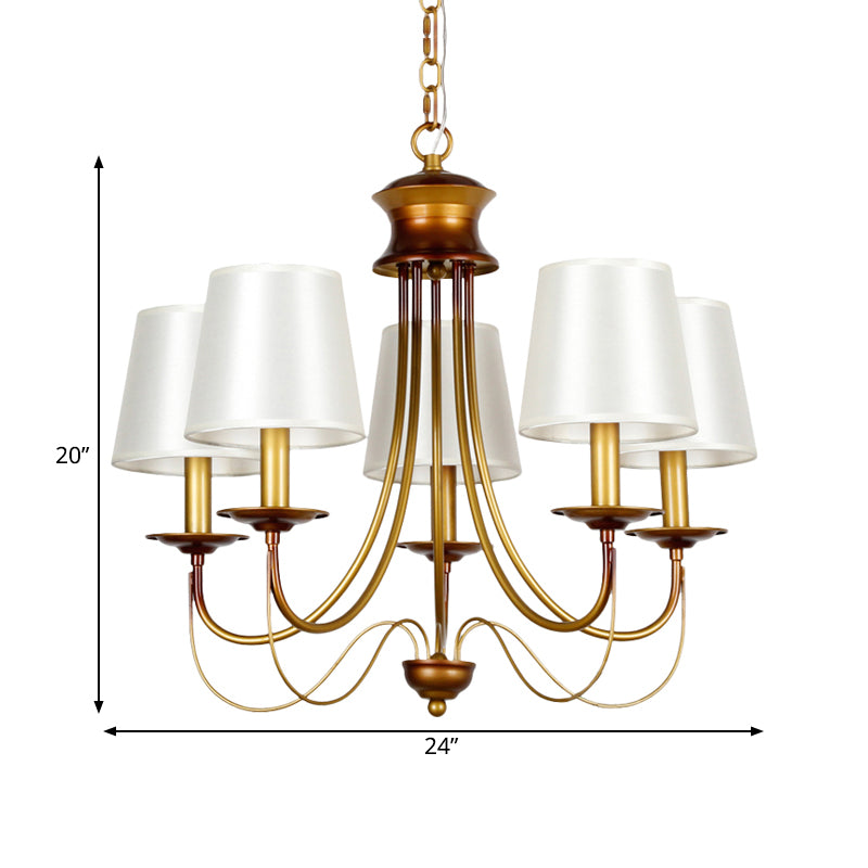 3/5/6 Lights Brass Finish Hanging Chandelier Traditional Conical Ceiling Light with White Fabric Lamp Shade Clearhalo 'Ceiling Lights' 'Chandeliers' Lighting' options 262428
