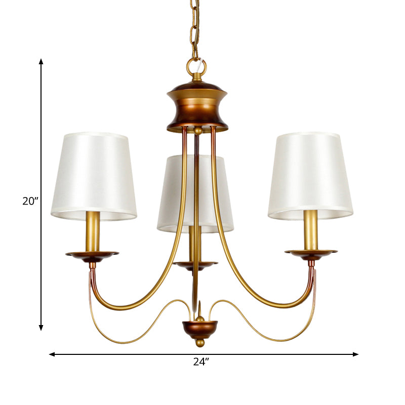 3/5/6 Lights Brass Finish Hanging Chandelier Traditional Conical Ceiling Light with White Fabric Lamp Shade Clearhalo 'Ceiling Lights' 'Chandeliers' Lighting' options 262429