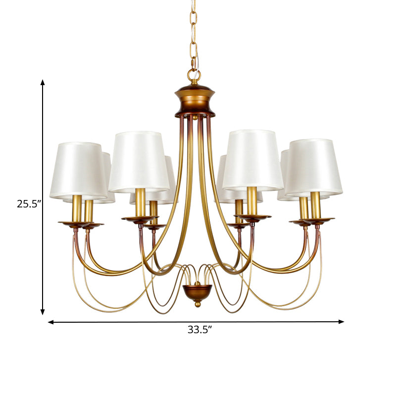 3/5/6 Lights Brass Finish Hanging Chandelier Traditional Conical Ceiling Light with White Fabric Lamp Shade Clearhalo 'Ceiling Lights' 'Chandeliers' Lighting' options 262430