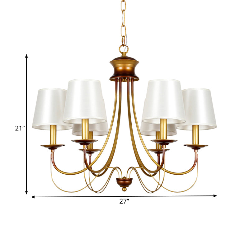 3/5/6 Lights Brass Finish Hanging Chandelier Traditional Conical Ceiling Light with White Fabric Lamp Shade Clearhalo 'Ceiling Lights' 'Chandeliers' Lighting' options 262431