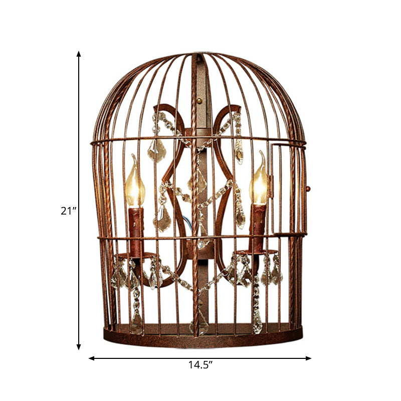 Rust 2-Light Sconce Light Country Metal Birdcage Wall Lighting Fixture for Living Room with Crystal Drop Clearhalo 'Wall Lamps & Sconces' 'Wall Lights' Lighting' 262461