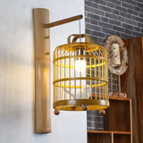 Wood Cage Sconce Lamp Asian 1 Bulb Bamboo Wall Mount Light Fixture with White Bird Deco Wood Clearhalo 'Modern wall lights' 'Modern' 'Wall Lamps & Sconces' 'Wall Lights' Lighting' 262491