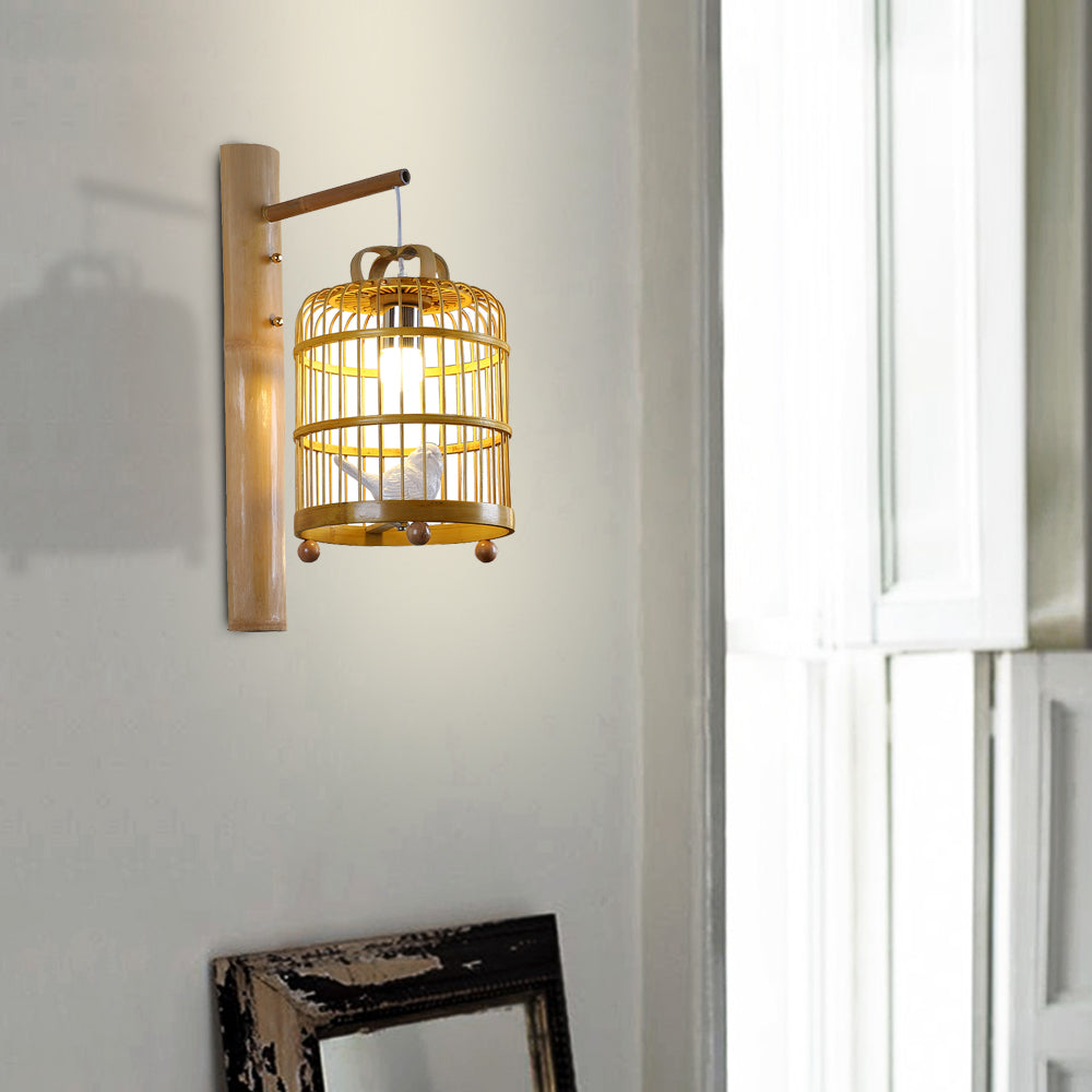 Wood Cage Sconce Lamp Asian 1 Bulb Bamboo Wall Mount Light Fixture with White Bird Deco Clearhalo 'Modern wall lights' 'Modern' 'Wall Lamps & Sconces' 'Wall Lights' Lighting' 262492