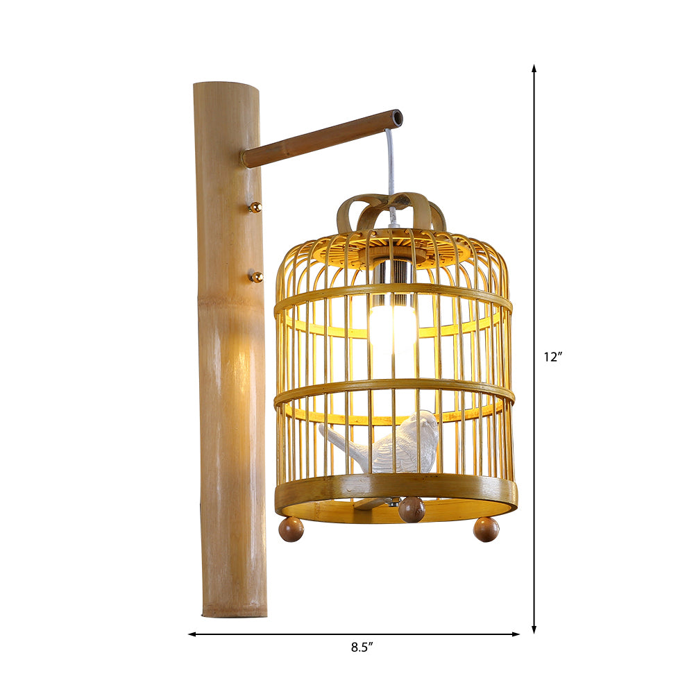 Wood Cage Sconce Lamp Asian 1 Bulb Bamboo Wall Mount Light Fixture with White Bird Deco Clearhalo 'Modern wall lights' 'Modern' 'Wall Lamps & Sconces' 'Wall Lights' Lighting' 262494