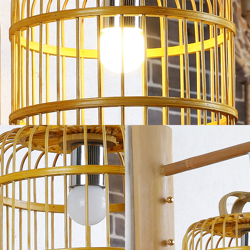 Wood Cage Sconce Lamp Asian 1 Bulb Bamboo Wall Mount Light Fixture with White Bird Deco Clearhalo 'Modern wall lights' 'Modern' 'Wall Lamps & Sconces' 'Wall Lights' Lighting' 262495