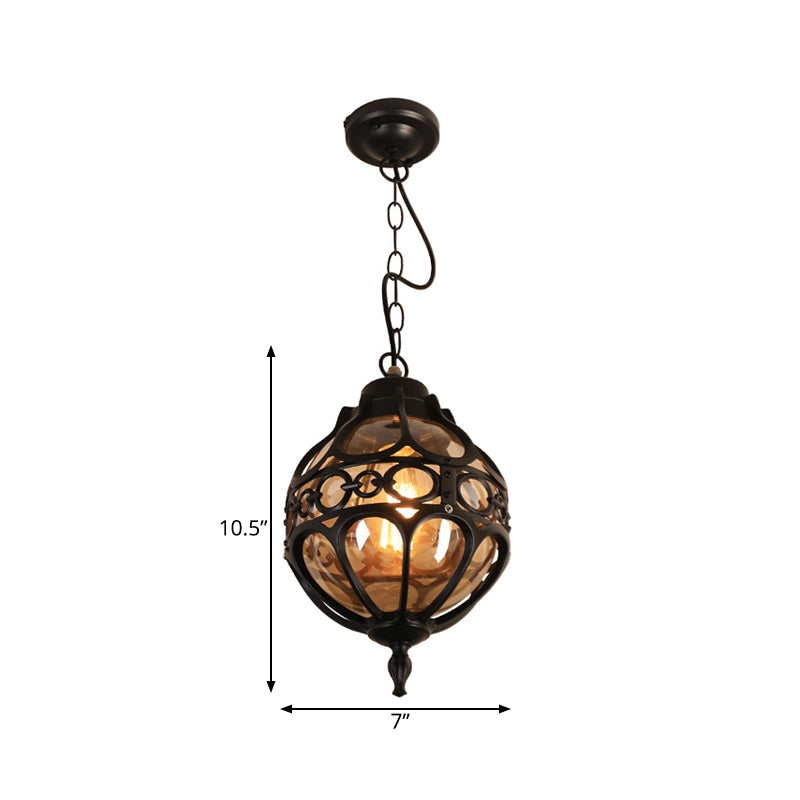 Round Restaurant Hanging Light Farmhouse Amber Glass 1 Light Black/Brass Ceiling Suspension Lamp with Cage Clearhalo 'Ceiling Lights' 'Chandeliers' 'Glass shade' 'Glass' 'Pendant Lights' 'Pendants' Lighting' 262522