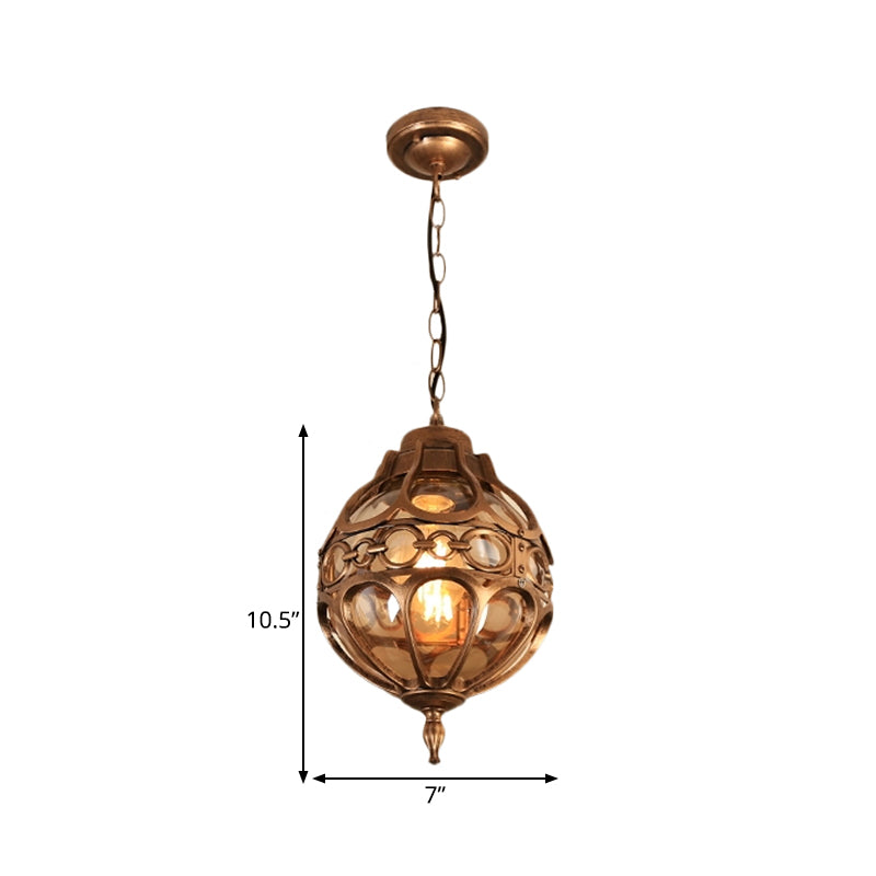 Round Restaurant Hanging Light Farmhouse Amber Glass 1 Light Black/Brass Ceiling Suspension Lamp with Cage Clearhalo 'Ceiling Lights' 'Chandeliers' 'Glass shade' 'Glass' 'Pendant Lights' 'Pendants' Lighting' 262523
