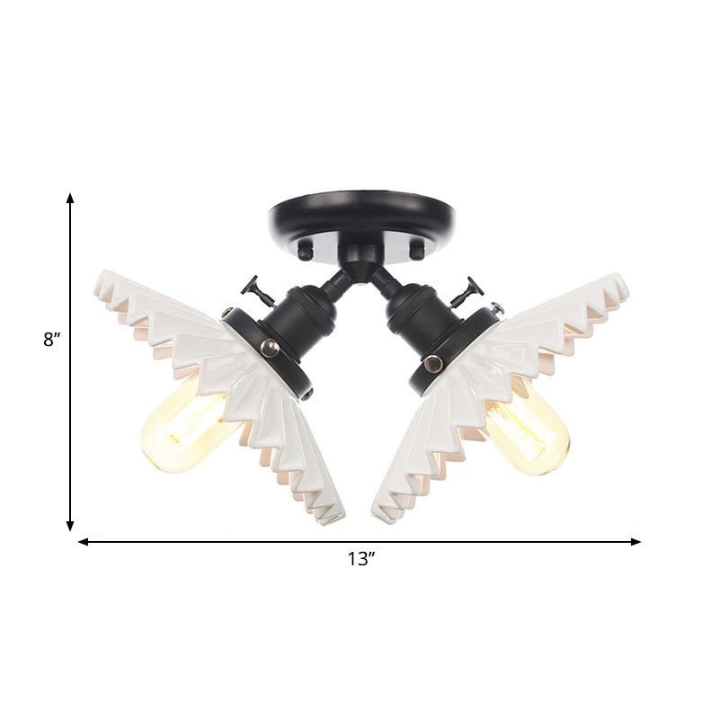 2 Bulbs Restaurant Ceiling Lighting Warehouse Style Black/Bronze Semi Flush Mount Light with Scalloped Milk Glass Shade Clearhalo 'Ceiling Lights' 'Close To Ceiling Lights' 'Close to ceiling' 'Semi-flushmount' Lighting' 262545