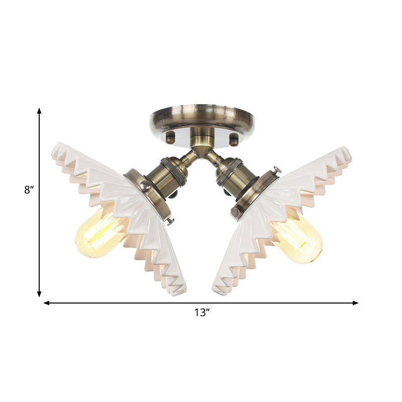 2 Bulbs Restaurant Ceiling Lighting Warehouse Style Black/Bronze Semi Flush Mount Light with Scalloped Milk Glass Shade Clearhalo 'Ceiling Lights' 'Close To Ceiling Lights' 'Close to ceiling' 'Semi-flushmount' Lighting' 262546