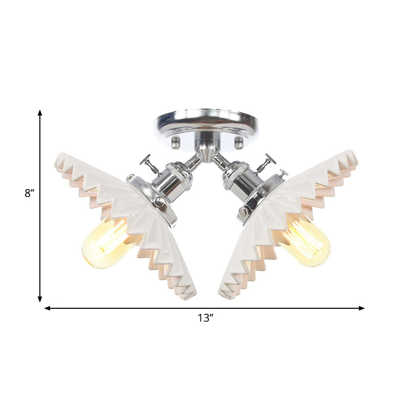 2 Bulbs Restaurant Ceiling Lighting Warehouse Style Black/Bronze Semi Flush Mount Light with Scalloped Milk Glass Shade Clearhalo 'Ceiling Lights' 'Close To Ceiling Lights' 'Close to ceiling' 'Semi-flushmount' Lighting' 262547