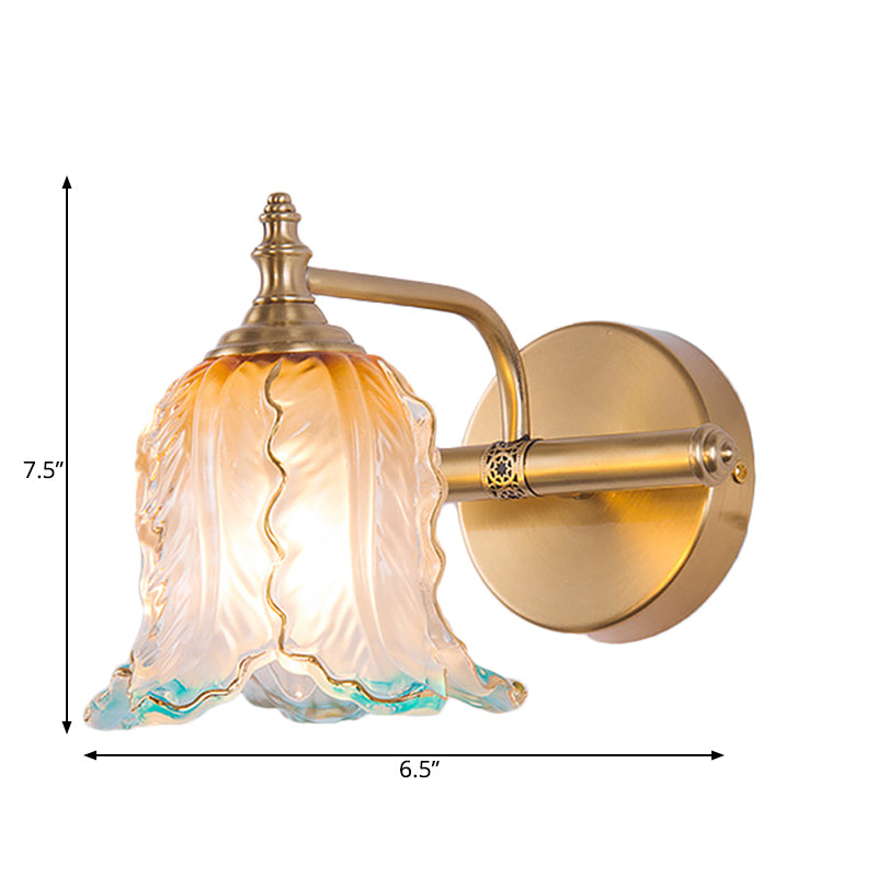 Gold 1/2/3 Lights Wall Light Fixture Vintage Textured Glass Scalloped Make-Up Lighting for Bedroom Clearhalo 'Vanity Lights' 'Wall Lights' Lighting' 262550