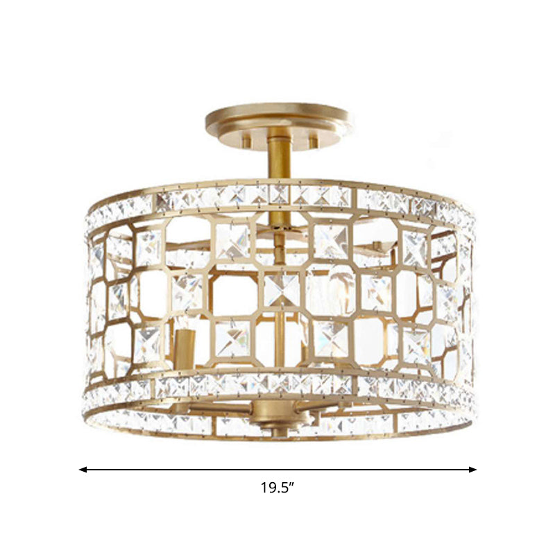 Chinese Style 3-Light Semi Flush Lamp Golden Round Flushmount Ceiling Fixture with Metallic and Crystal Shade Clearhalo 'Ceiling Lights' 'Close To Ceiling Lights' 'Close to ceiling' 'Semi-flushmount' Lighting' 262553