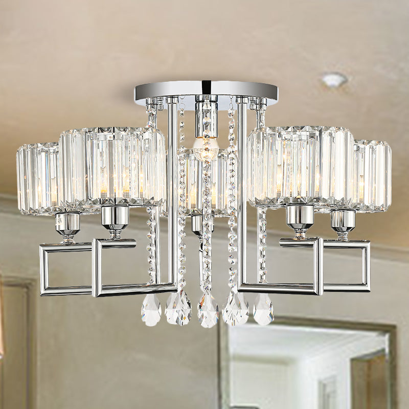 Ribbed Crystal Drum Flush Ceiling Light Modern 4/6-Light Silver Semi Flush Lamp with Scroll Frame 6 Silver Clearhalo 'Ceiling Lights' 'Close To Ceiling Lights' 'Close to ceiling' 'Semi-flushmount' Lighting' 262558