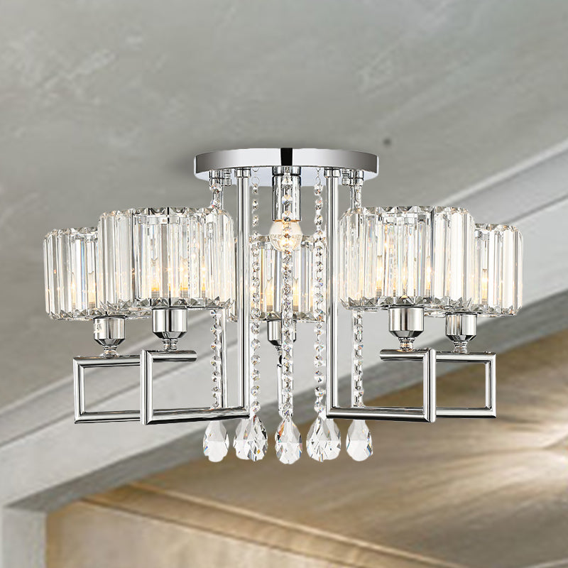 Ribbed Crystal Drum Flush Ceiling Light Modern 4/6-Light Silver Semi Flush Lamp with Scroll Frame Clearhalo 'Ceiling Lights' 'Close To Ceiling Lights' 'Close to ceiling' 'Semi-flushmount' Lighting' 262559