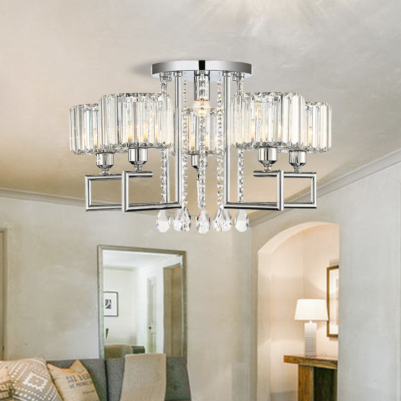 Ribbed Crystal Drum Flush Ceiling Light Modern 4/6-Light Silver Semi Flush Lamp with Scroll Frame Clearhalo 'Ceiling Lights' 'Close To Ceiling Lights' 'Close to ceiling' 'Semi-flushmount' Lighting' 262560