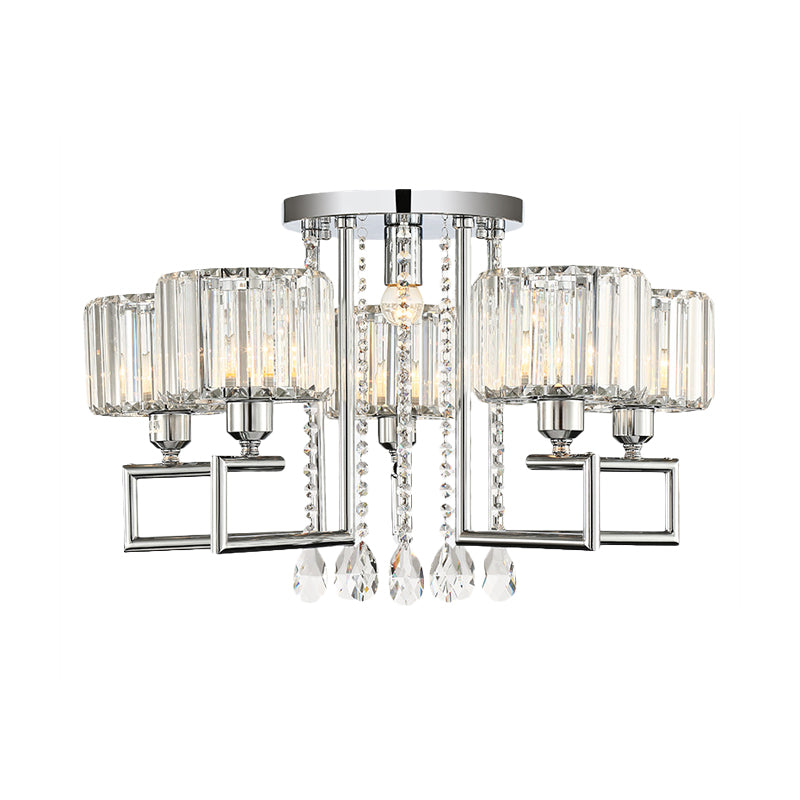 Ribbed Crystal Drum Flush Ceiling Light Modern 4/6-Light Silver Semi Flush Lamp with Scroll Frame Clearhalo 'Ceiling Lights' 'Close To Ceiling Lights' 'Close to ceiling' 'Semi-flushmount' Lighting' 262561