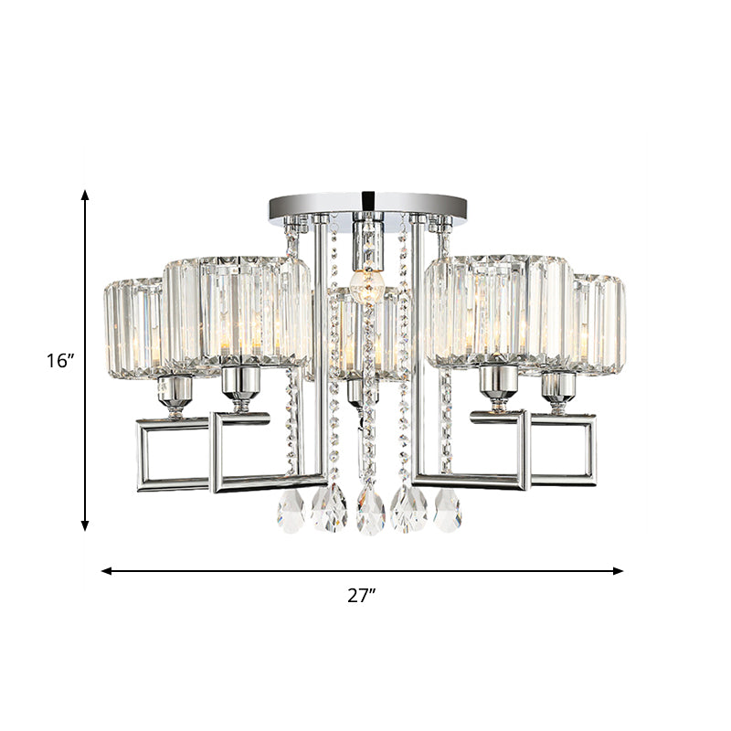 Ribbed Crystal Drum Flush Ceiling Light Modern 4/6-Light Silver Semi Flush Lamp with Scroll Frame Clearhalo 'Ceiling Lights' 'Close To Ceiling Lights' 'Close to ceiling' 'Semi-flushmount' Lighting' 262562