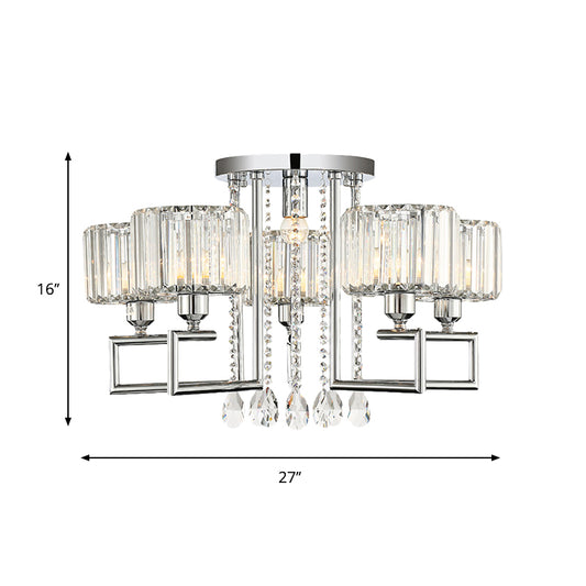 Ribbed Crystal Drum Flush Ceiling Light Modern 4/6-Light Silver Semi Flush Lamp with Scroll Frame Clearhalo 'Ceiling Lights' 'Close To Ceiling Lights' 'Close to ceiling' 'Semi-flushmount' Lighting' 262562