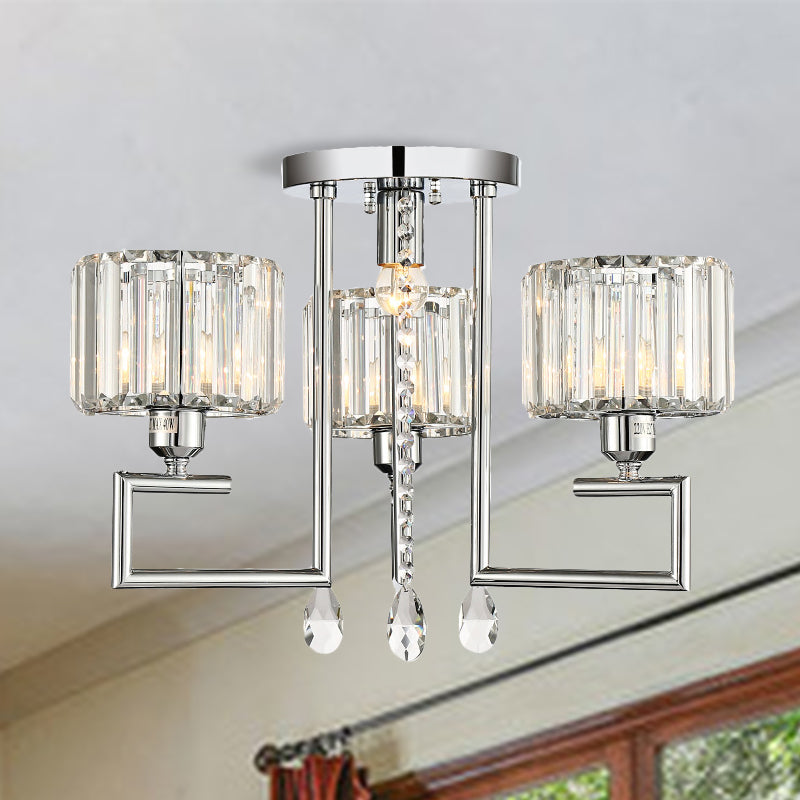 Ribbed Crystal Drum Flush Ceiling Light Modern 4/6-Light Silver Semi Flush Lamp with Scroll Frame 4 Silver Clearhalo 'Ceiling Lights' 'Close To Ceiling Lights' 'Close to ceiling' 'Semi-flushmount' Lighting' 262563