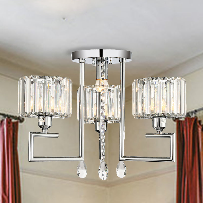 Ribbed Crystal Drum Flush Ceiling Light Modern 4/6-Light Silver Semi Flush Lamp with Scroll Frame Clearhalo 'Ceiling Lights' 'Close To Ceiling Lights' 'Close to ceiling' 'Semi-flushmount' Lighting' 262564