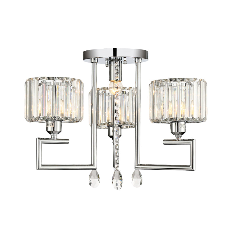 Ribbed Crystal Drum Flush Ceiling Light Modern 4/6-Light Silver Semi Flush Lamp with Scroll Frame Clearhalo 'Ceiling Lights' 'Close To Ceiling Lights' 'Close to ceiling' 'Semi-flushmount' Lighting' 262566