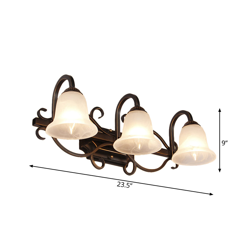 2/3 Lights Vanity Lamp Vintage Curvy Arm Milky Glass Sconce Light Fixture in Black for Bathroom Clearhalo 'Vanity Lights' 'Wall Lights' Lighting' 262583