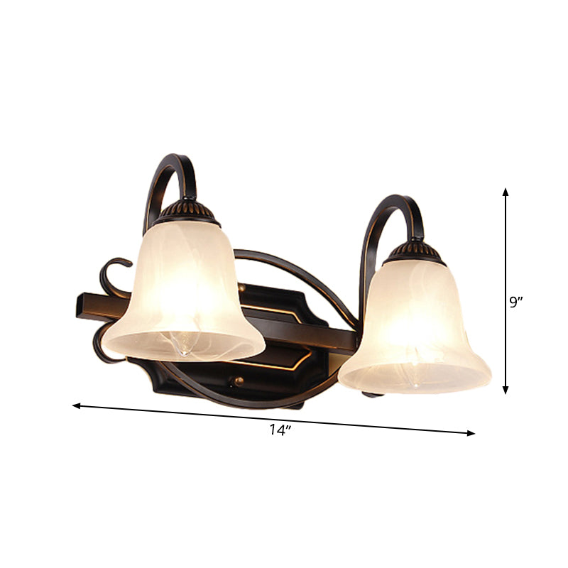 2/3 Lights Vanity Lamp Vintage Curvy Arm Milky Glass Sconce Light Fixture in Black for Bathroom Clearhalo 'Vanity Lights' 'Wall Lights' Lighting' 262584