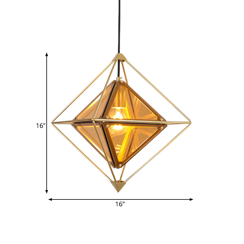Black/Gold/Amber Glass 1-Light Drop Pendant Colonial Diamond Shape Ceiling Light Fixture with Exterior Iron Frame Clearhalo 'Ceiling Lights' 'Chandeliers' 'Glass shade' 'Glass' 'Pendant Lights' 'Pendants' Lighting' 262624