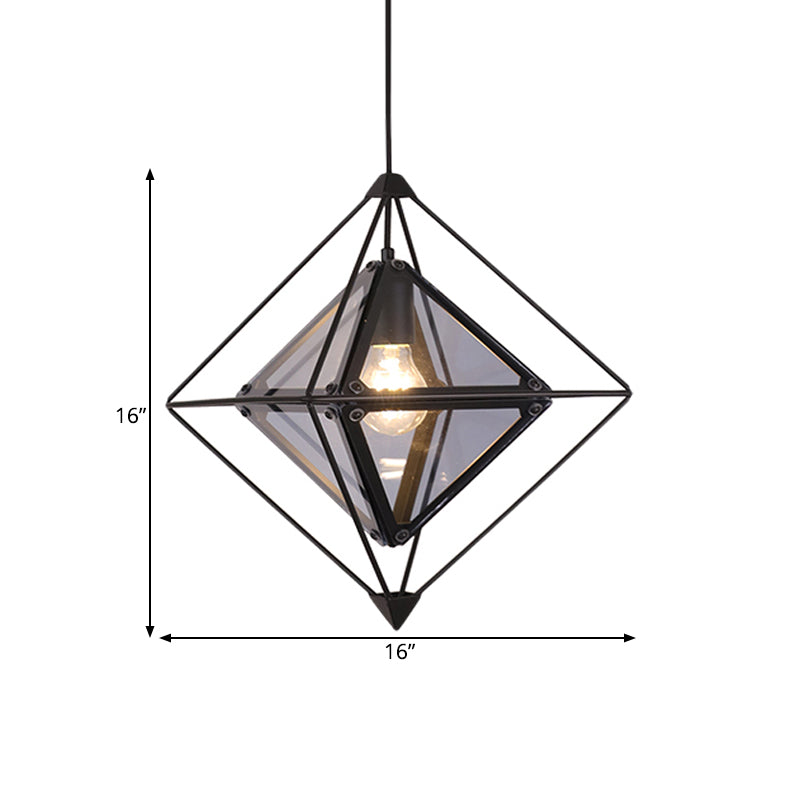 Black/Gold/Amber Glass 1-Light Drop Pendant Colonial Diamond Shape Ceiling Light Fixture with Exterior Iron Frame Clearhalo 'Ceiling Lights' 'Chandeliers' 'Glass shade' 'Glass' 'Pendant Lights' 'Pendants' Lighting' 262625