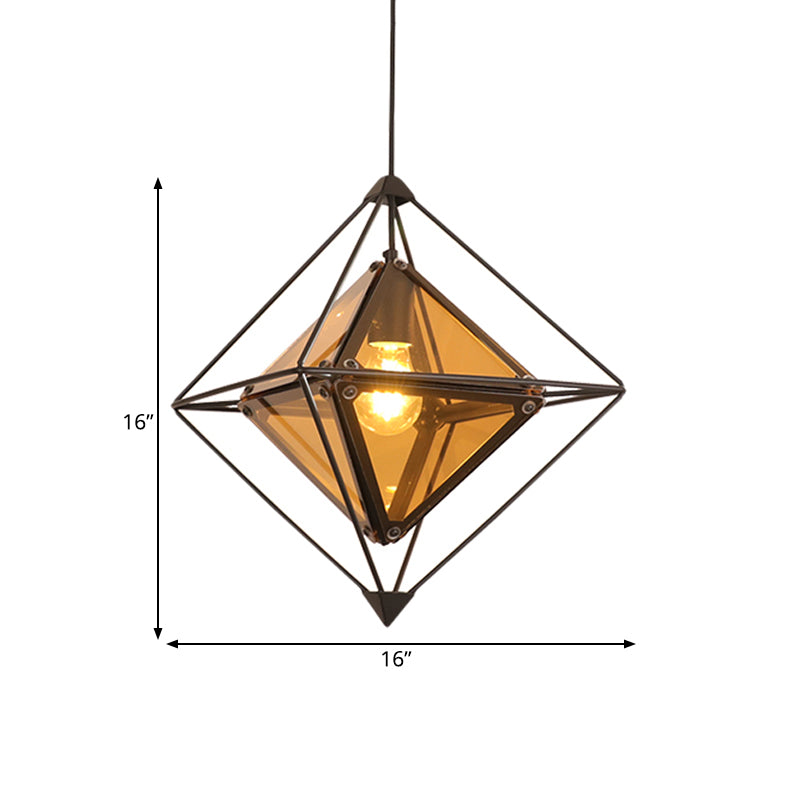 Black/Gold/Amber Glass 1-Light Drop Pendant Colonial Diamond Shape Ceiling Light Fixture with Exterior Iron Frame Clearhalo 'Ceiling Lights' 'Chandeliers' 'Glass shade' 'Glass' 'Pendant Lights' 'Pendants' Lighting' 262626