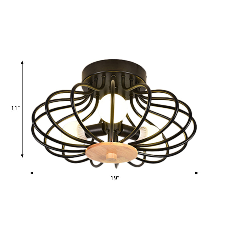 Metal Fan Shaped Semi-Flush Mount Light Industrial Style 3/5 Heads Black/White Ceiling Light Fixture with Wire Frame Clearhalo 'Ceiling Lights' 'Close To Ceiling Lights' 'Close to ceiling' 'Semi-flushmount' Lighting' 262646