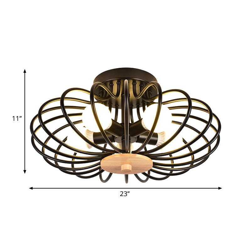 Metal Fan Shaped Semi-Flush Mount Light Industrial Style 3/5 Heads Black/White Ceiling Light Fixture with Wire Frame Clearhalo 'Ceiling Lights' 'Close To Ceiling Lights' 'Close to ceiling' 'Semi-flushmount' Lighting' 262647