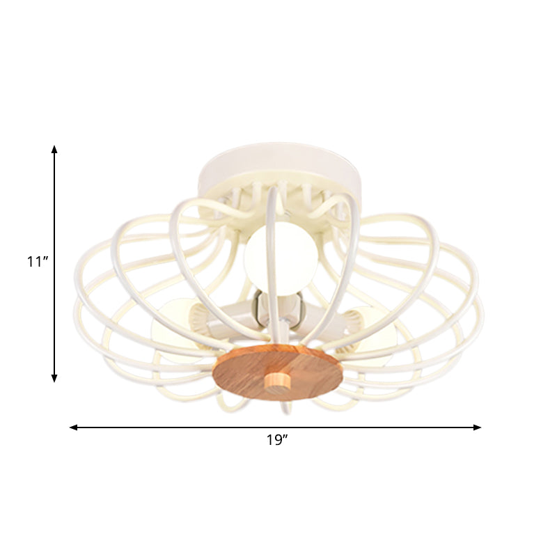 Metal Fan Shaped Semi-Flush Mount Light Industrial Style 3/5 Heads Black/White Ceiling Light Fixture with Wire Frame Clearhalo 'Ceiling Lights' 'Close To Ceiling Lights' 'Close to ceiling' 'Semi-flushmount' Lighting' 262648