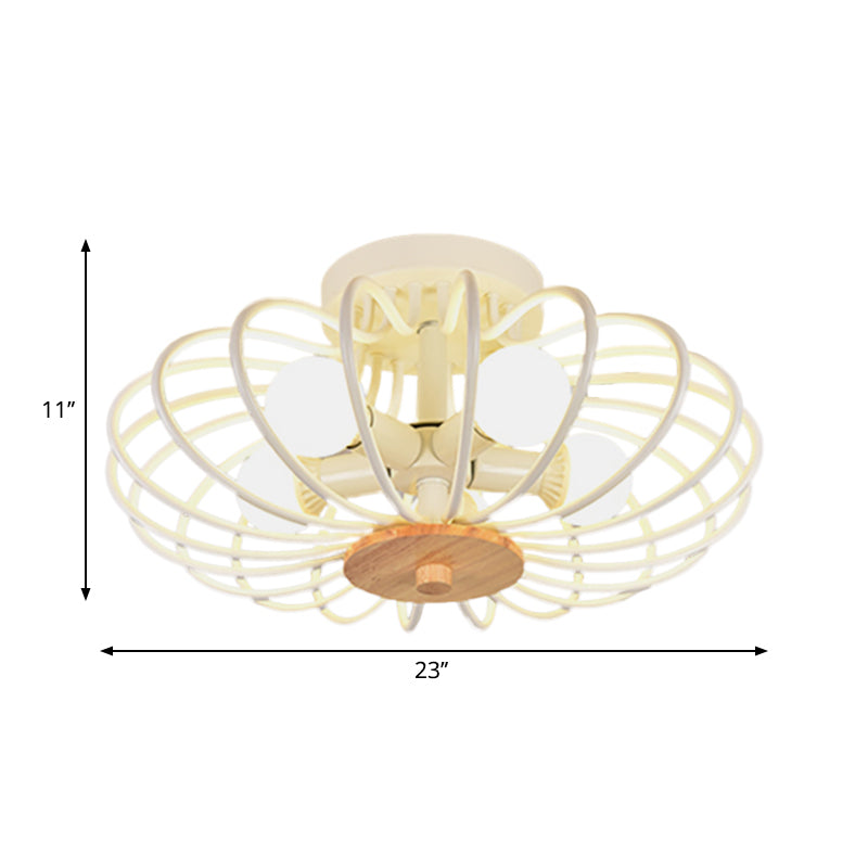 Metal Fan Shaped Semi-Flush Mount Light Industrial Style 3/5 Heads Black/White Ceiling Light Fixture with Wire Frame Clearhalo 'Ceiling Lights' 'Close To Ceiling Lights' 'Close to ceiling' 'Semi-flushmount' Lighting' 262649