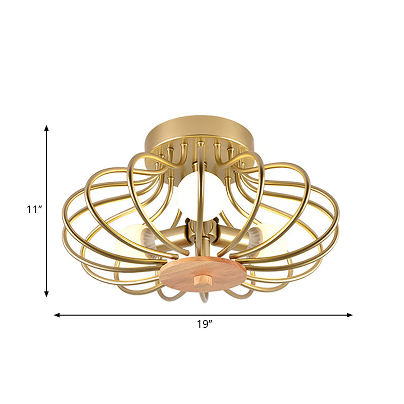 Metal Fan Shaped Semi-Flush Mount Light Industrial Style 3/5 Heads Black/White Ceiling Light Fixture with Wire Frame Clearhalo 'Ceiling Lights' 'Close To Ceiling Lights' 'Close to ceiling' 'Semi-flushmount' Lighting' 262650