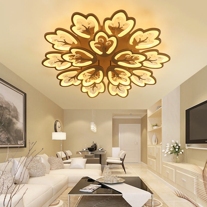 Coffee 12/15 Lights Ceiling Mount Modern Style Acrylic Floral Flush Light Fixture in Warm/White/3 Color Light, 37.5"/41" Wide Clearhalo 'Ceiling Lights' 'Close To Ceiling Lights' 'Close to ceiling' 'Flush mount' Lighting' 262659