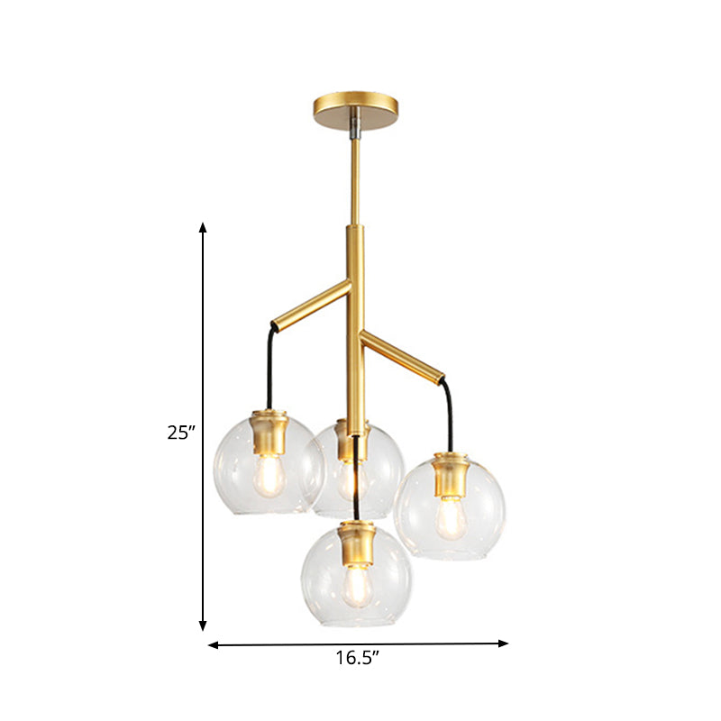 4 Heads Spherical Chandelier Colonial Hand Blown Clear Glass Ceiling Pendant in Gold Clearhalo 'Ceiling Lights' 'Chandeliers' 'Glass shade' 'Glass' 'Pendant Lights' Lighting' 262673