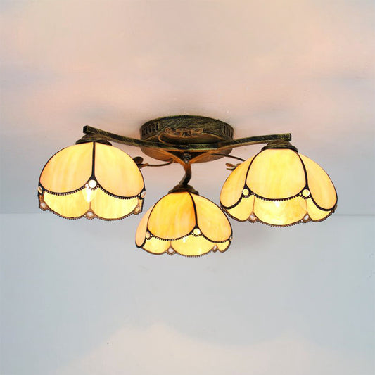 Rustic Dome Ceiling Fixture 3 Lights Beige/Yellow-Blue/Clear/Blue Glass Flush Mount Ceiling Fixture for Living Room Beige Clearhalo 'Ceiling Lights' 'Close To Ceiling Lights' 'Close to ceiling' 'Glass shade' 'Glass' 'Semi-flushmount' 'Tiffany close to ceiling' 'Tiffany' Lighting' 26268