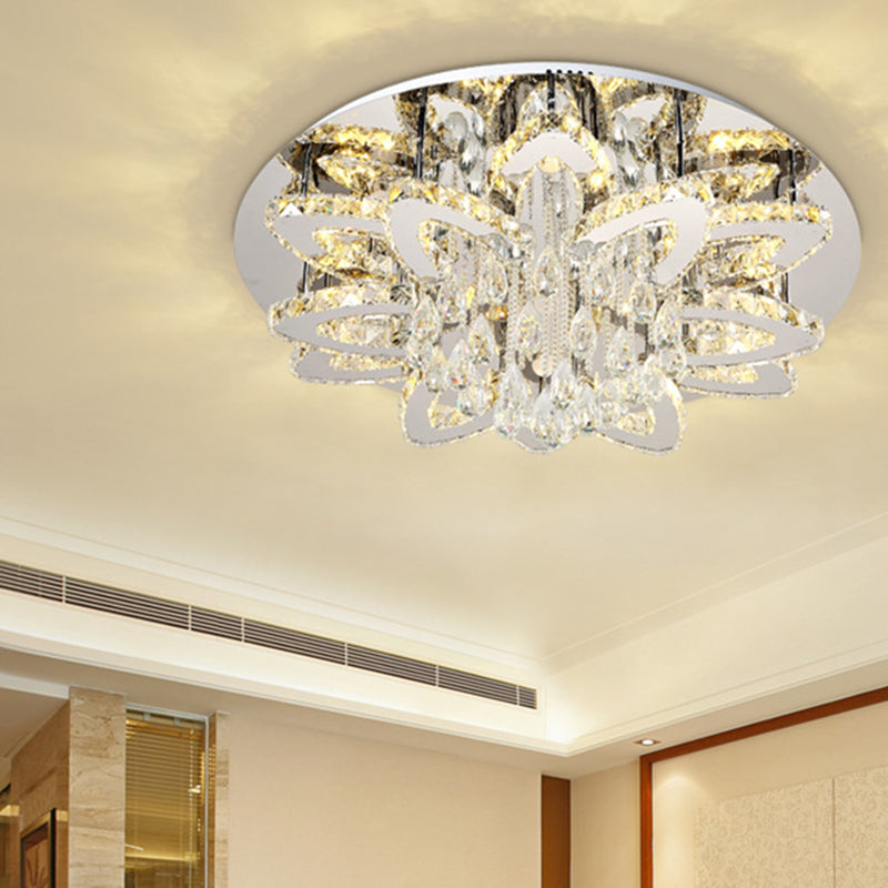 19.5"/23.5" W LED Crystal Flush Mount Modern Chrome Blossom Living Room Close to Ceiling Light in Remote Control Stepless Dimming/2 Color Light Chrome 2 Color Clearhalo 'Ceiling Lights' 'Close To Ceiling Lights' 'Close to ceiling' 'Flush mount' Lighting' 262700